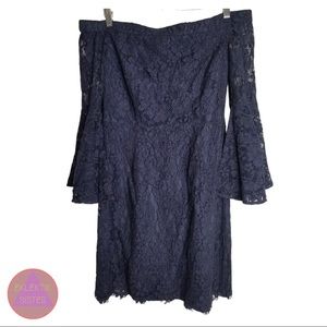 TRINA TRINA TURK navy blue lace off shoulder dress